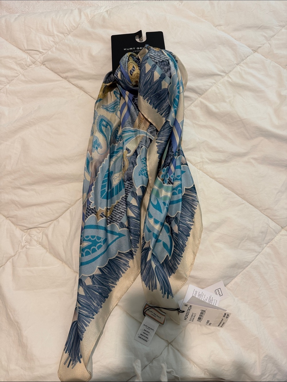 Kurt Geiger Blue and Cream Floral Fringe Scarf